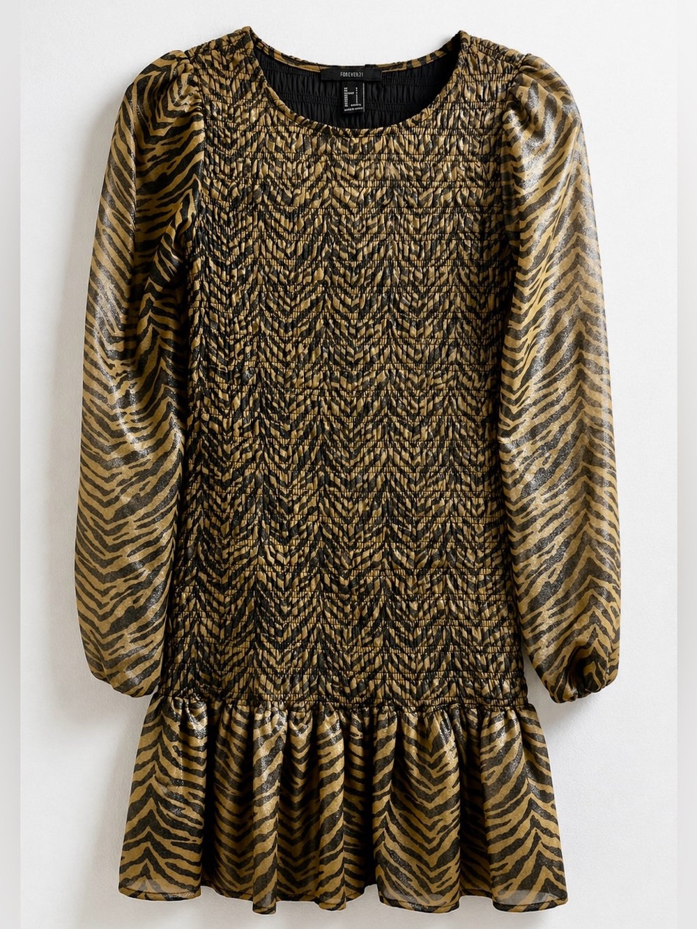 Forever 21 Smocked Metallic Tiger Print Party Mini Dress - Size S
